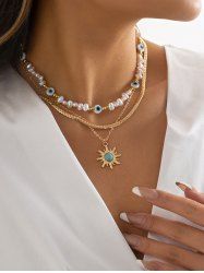 3Pcs Ethnic Sun Turquoise Faux Pearl Eye Pendant Necklace -  