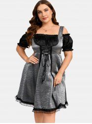 Plus Size Lace-up Ruched Lace Trim Cold Shoulder Vintage Dress -  