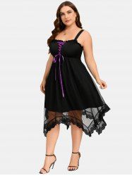 Plus Size Lace-up Lace Trim Sheer Handkerchief Dress -  