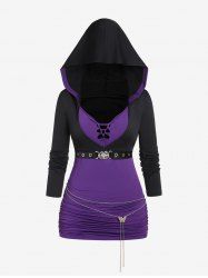 Plus Size Ruched Buckle Butterfly Chain Grommet Hooded T-shirt -  