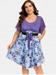 Plus Size Flowers Leaves Print Pockets Tie Butterfly Sleeves Dress -  