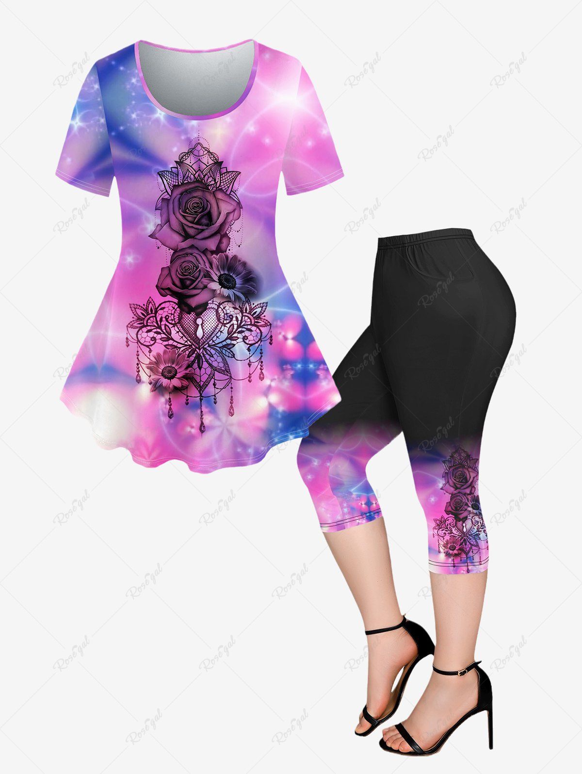 Trendy Plus Size Galaxy Glitter Flower Printed T-shirt and Pocket Capri Leggings Outfit  