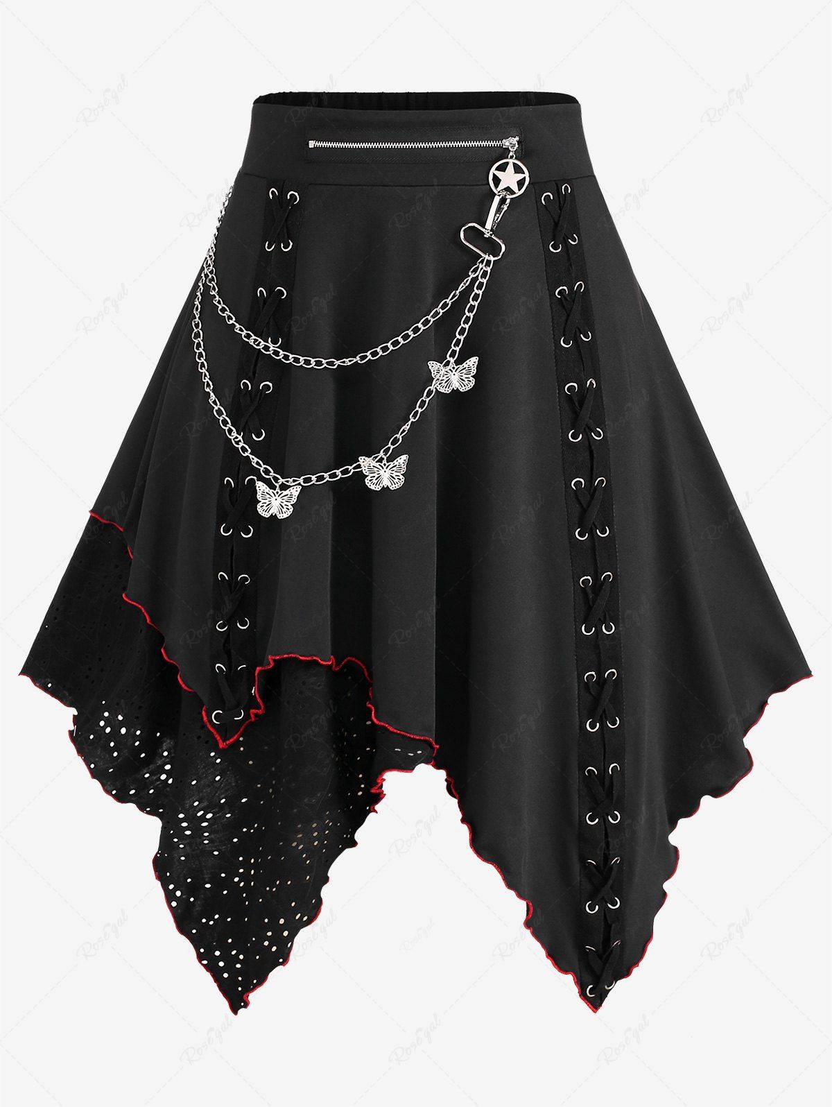 Outfit Plus Size Butterfly Chains Lace Up Grommets Zipper Asymmetrical Skirt  