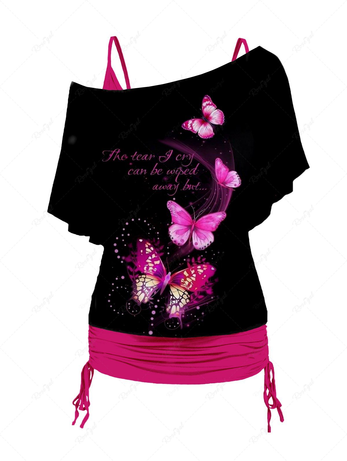 Outfits Plus Size Butterfly and Letter Print Oblique Shoulder T Shirt Cinched Tank Top Set  