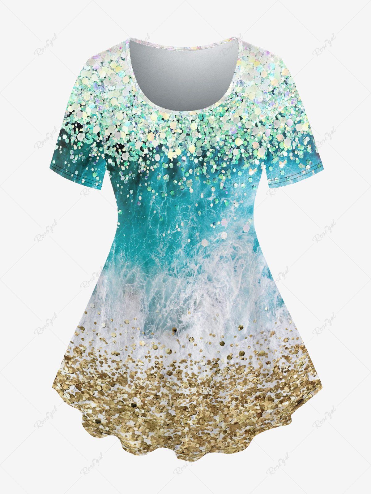 Fashion Plus Size Waves Sequins Glitter Print Short Sleeves T-shirt  