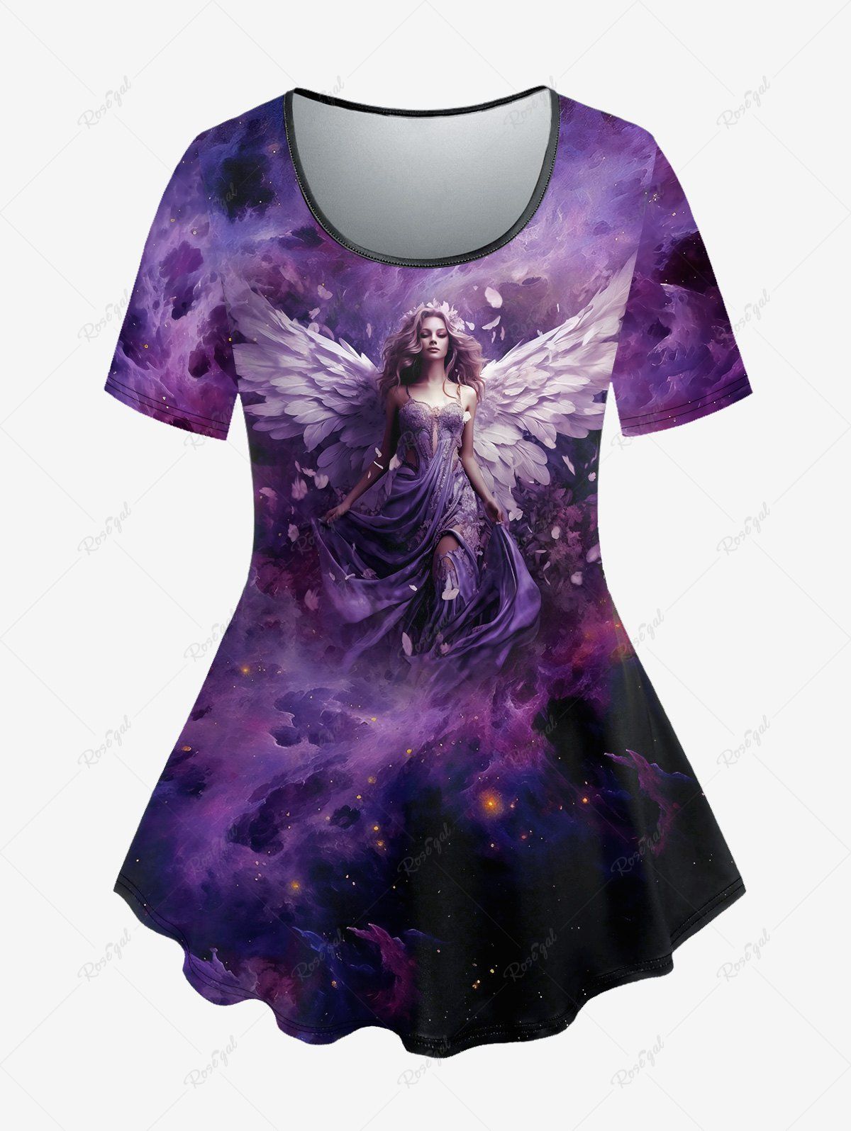T-shirt Gothique Ange Galaxie Ombré Imprimée à Manches Courtes Pourpre  2X