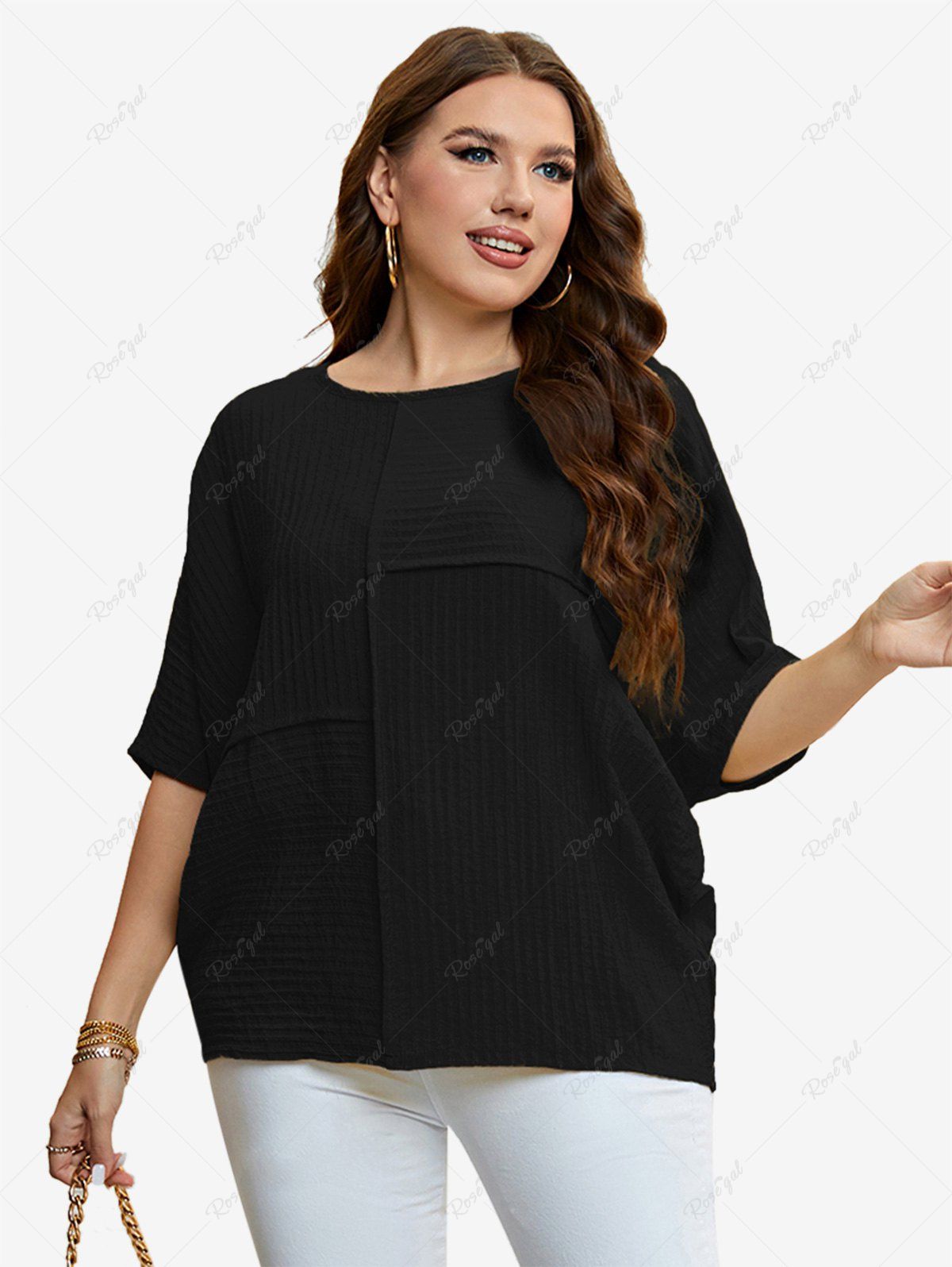 Store Plus Size Dolman Sleeves Ribbed T-shirt  