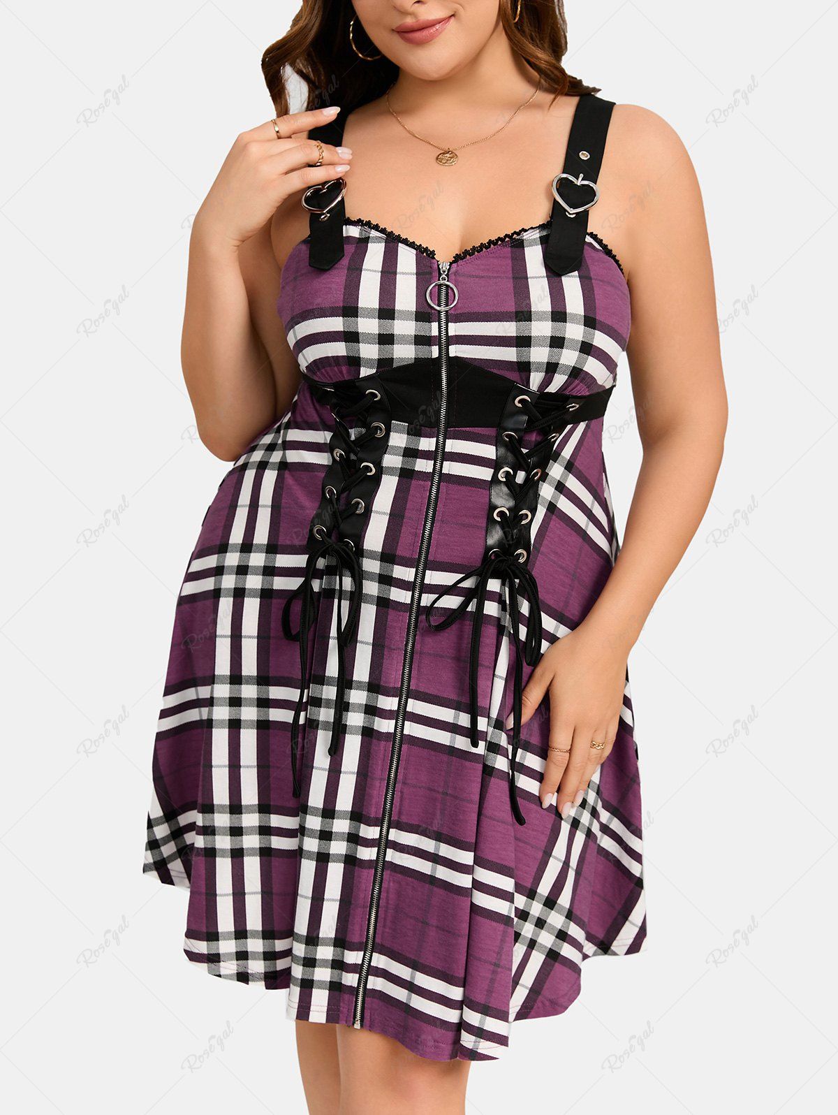 Sale Plus Size Plaid Lace Up Zipper Heart Buckles Cami Dress  