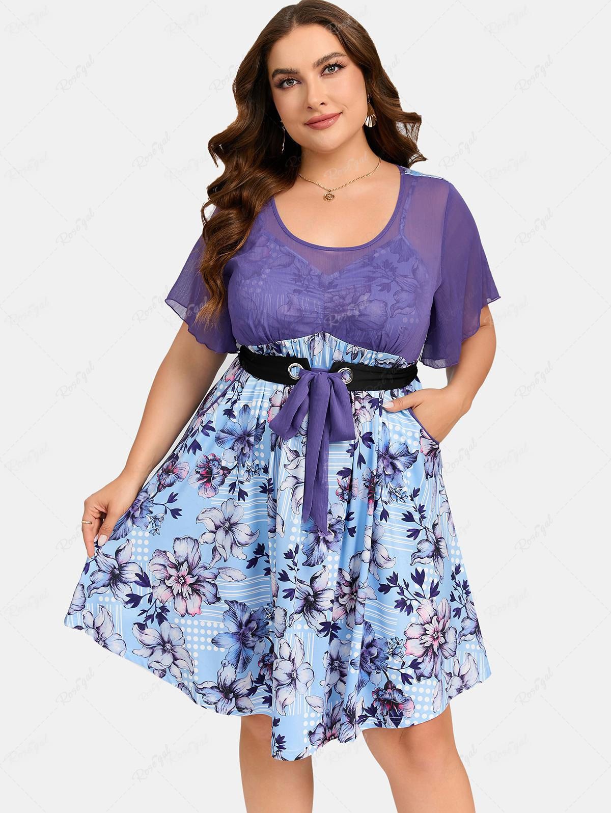 Latest Plus Size Flowers Leaves Print Pockets Tie Butterfly Sleeves Dress  