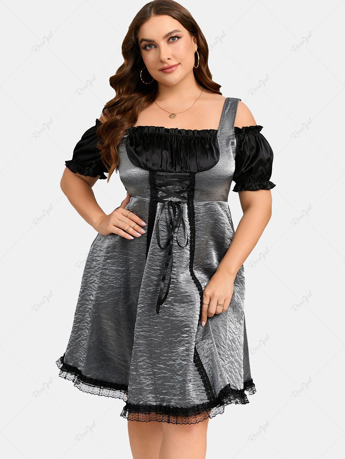 New Plus Size Lace-up Ruched Lace Trim Cold Shoulder Vintage Dress  