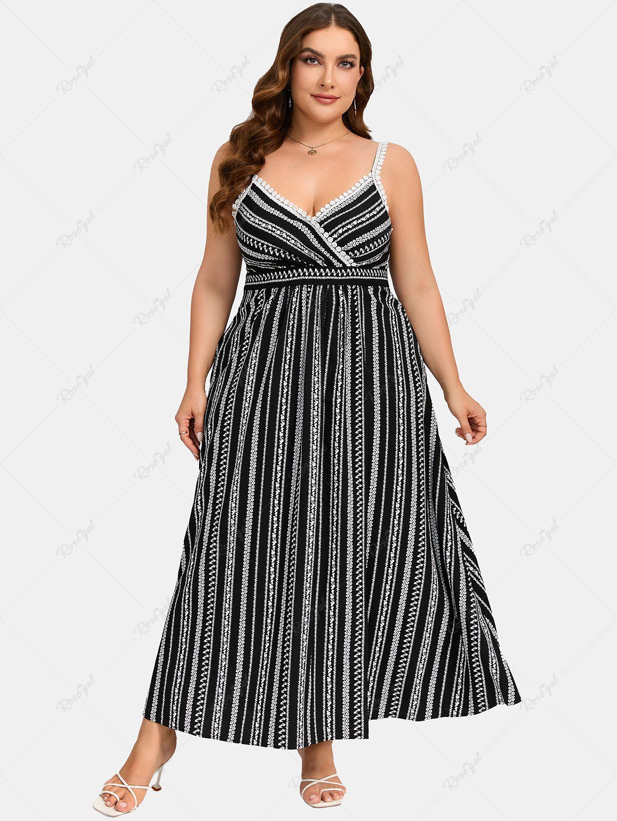 Cheap Plus Size Lace Trim Ethnic Print Surplice Dress  