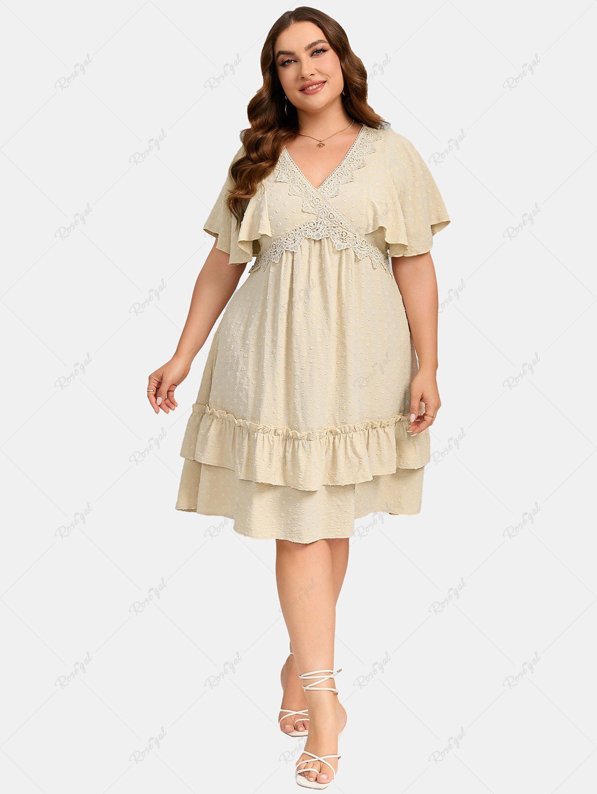 New Plus Size Guipure Lace Panel Swiss Dot Ruffles Butterfly Sleeves A Line Dress  