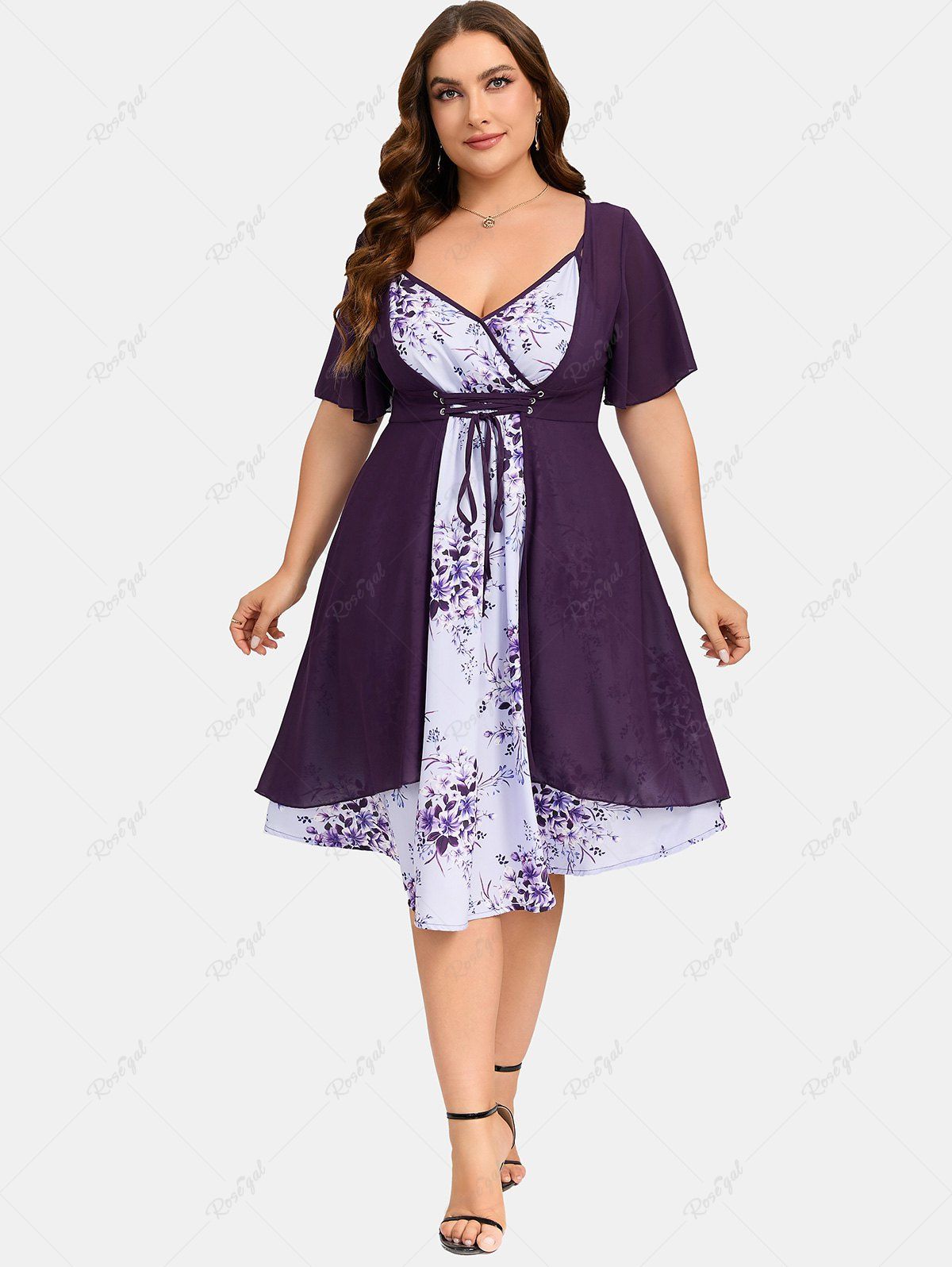 Online Plus Size Lace Up Chiffon Flower Print Surplice Dress  
