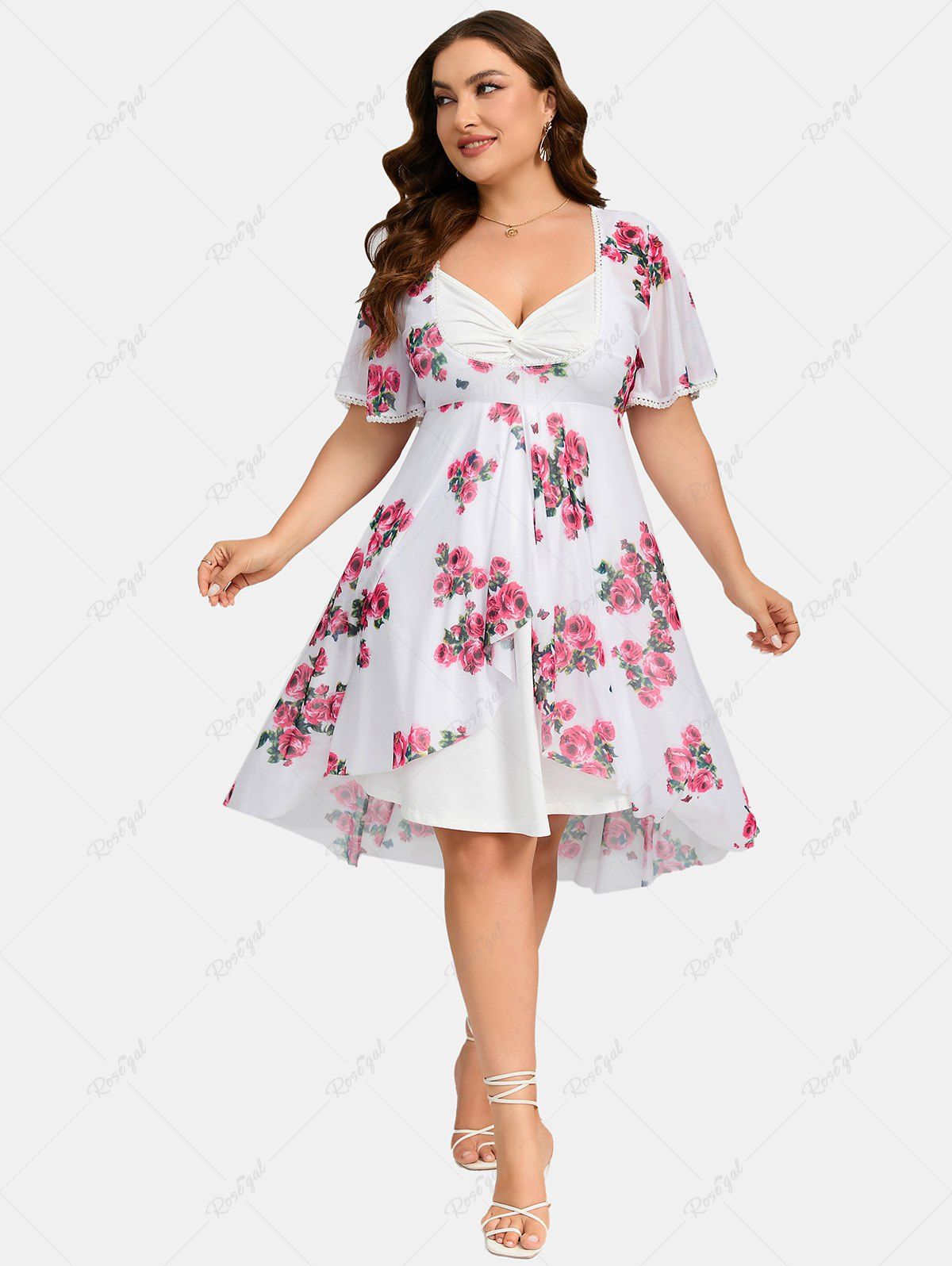 Sale Plus Size Twist Lace Trim Belt Layered Flower Print Dress (Adjustable Shoulder Strap)  
