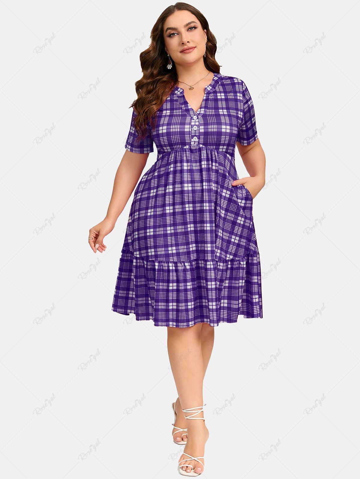 Buy Plus Size Buttons Plaid Short Sleeves Dress  