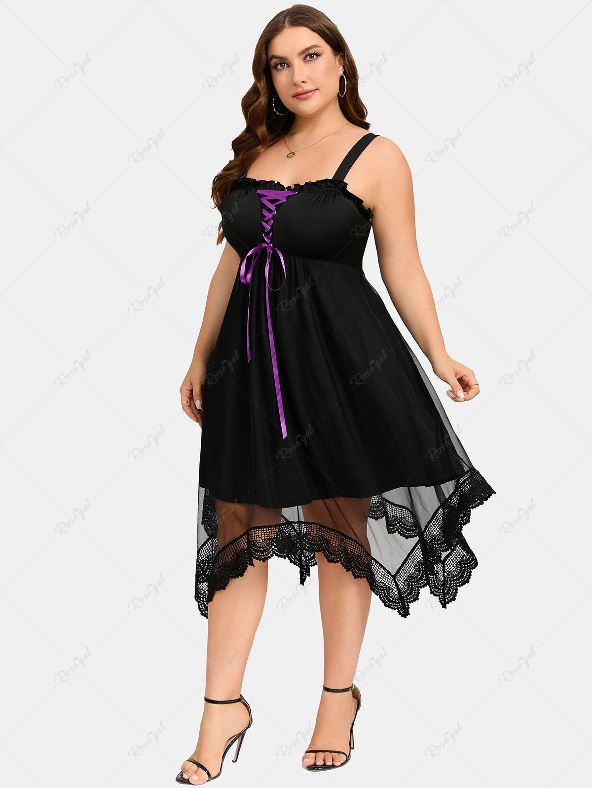 Sale Plus Size Lace-up Lace Trim Sheer Handkerchief Dress  