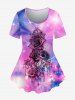 Plus Size Galaxy Glitter Flower Printed T-shirt and Pocket Capri Leggings Outfit -  