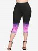 Plus Size Galaxy Glitter Flower Printed T-shirt and Pocket Capri Leggings Outfit -  
