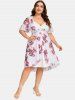 Plus Size Twist Lace Trim Belt Layered Flower Print Dress (Adjustable Shoulder Strap) -  