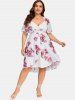 Plus Size Twist Lace Trim Belt Layered Flower Print Dress (Adjustable Shoulder Strap) -  