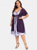 Plus Size Lace Up Chiffon Flower Print Surplice Dress -  