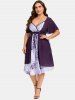 Plus Size Lace Up Chiffon Flower Print Surplice Dress -  