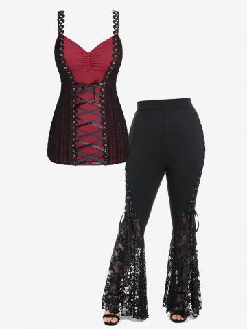 Lace Ruched Lace-up Tank Top And Plus Size Lace Panel Flare Pants with Lace-up Gothic Outfit - RED