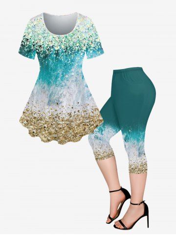 Plus Size Waves Sequins Glitter Printed Short Sleeves T-shirt and Pocket Cropped Leggings Outfit
