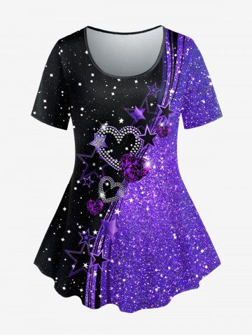 Plus Size Heart Pentagram Bicolor Print Galaxy Short Sleeves T-shirt - PURPLE - XS