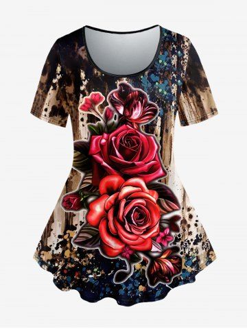 Plus Size Tie Dye Colorblock Rose Floral Print Short Sleeves T-shirt - COFFEE - M