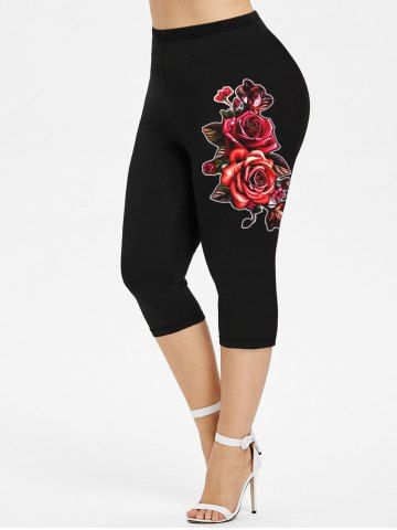Plus Size Rose Floral Print Capri Leggings - BLACK - S