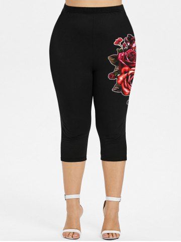 Plus Size Rose Floral Print Capri Leggings