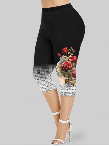 Plus Size Letters Rose Print Ombre Capri Leggings - BLACK - 4X