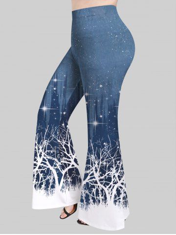 Plus Size Sparkling Branch Print Flare Pants - DEEP BLUE - XS