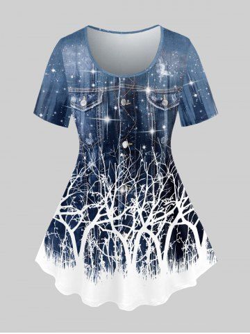 Plus Size 3D Pockets Buttons Glitter Tree Print T-shirt - DEEP BLUE - XS