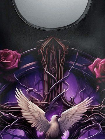 Gothic Bird Cross Rose Print Short Sleeves T-shirt