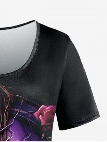 Gothic Bird Cross Rose Print Short Sleeves T-shirt
