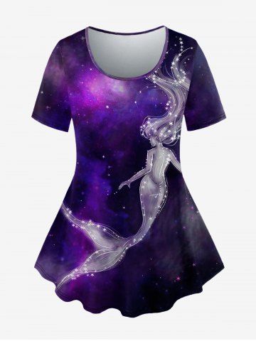 Plus Size Mermaid Galaxy Glitter Print Short Sleeves T-shirt - PURPLE - L