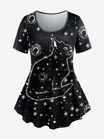 Plus Size Galaxy Cat Moon Sun Print Short Sleeves T-shirt - BLACK - S
