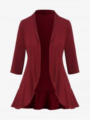 Plus Size Ruffle Knit Cardigan - DEEP RED - L