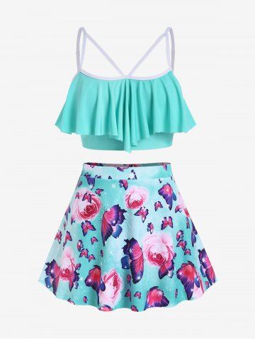 Plus Size Ruffled Overlay Flower Butterfly Print Skirted Tankini Swimsuit (Adjustable Shoulder Strap) - LIGHT GREEN - M | US 10