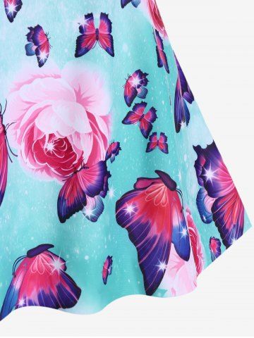 Plus Size Ruffled Overlay Flower Butterfly Print Skirted Tankini Swimsuit (Adjustable Shoulder Strap)