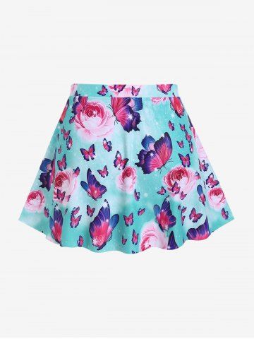 Plus Size Ruffled Overlay Flower Butterfly Print Skirted Tankini Swimsuit (Adjustable Shoulder Strap)