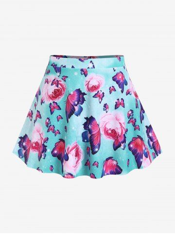 Plus Size Ruffled Overlay Flower Butterfly Print Skirted Tankini Swimsuit (Adjustable Shoulder Strap)