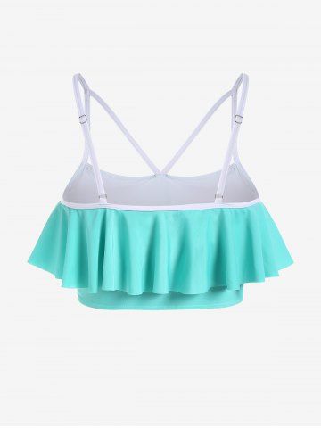 Plus Size Ruffled Overlay Flower Butterfly Print Skirted Tankini Swimsuit (Adjustable Shoulder Strap)