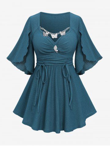 Plus Size Butterfly Chain Panel Buckle Ruched Cinched Split Sleeves T-shirt - DEEP GREEN - M | US 10