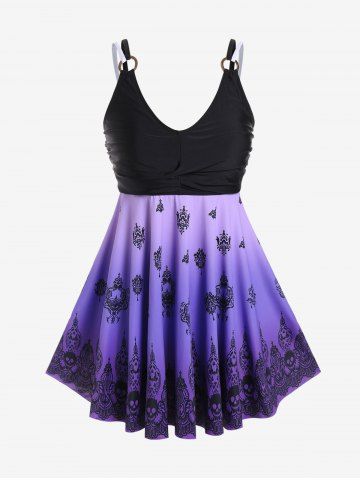 Plus Size Ruched Ombre Skull Floral Print Tankini Swimsuit (Adjustable Shoulder Strap) - PURPLE - 3X | US 22-24