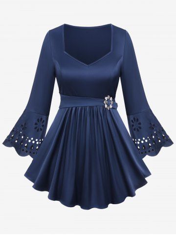 Plus Size Buckle Ruched Cut Out Flare Sleeves Blouse