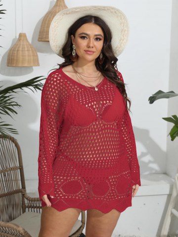Plus Size Crochet Fishnet Beach Cover Up Top - RED - 1XL