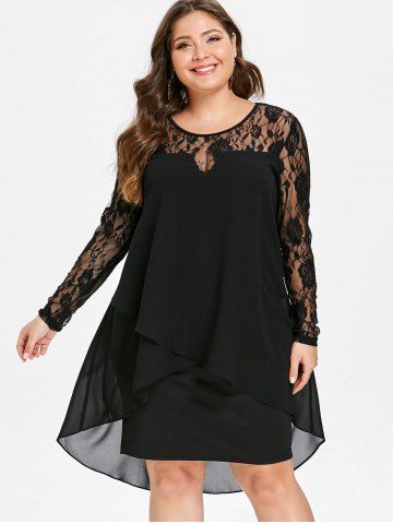 Robe Superposee Fleur En Dentelle De Grande Taille a Ourlet Tulipe En Noir Rosegal France